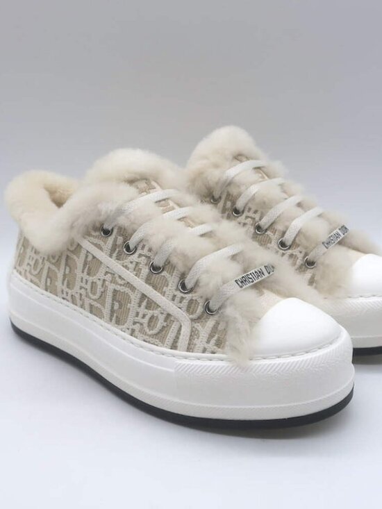 Christian Dior Shoes - Christian Dior Walk'n'Dior Shearling Platform Sneakers Taupe Oblique Size 38